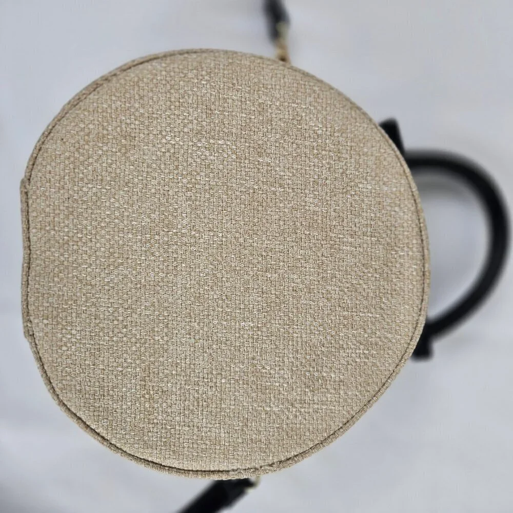 Moda Luxe Round Crossbody Bag w/ Top Handle Cream Cotton Black Faux Leather